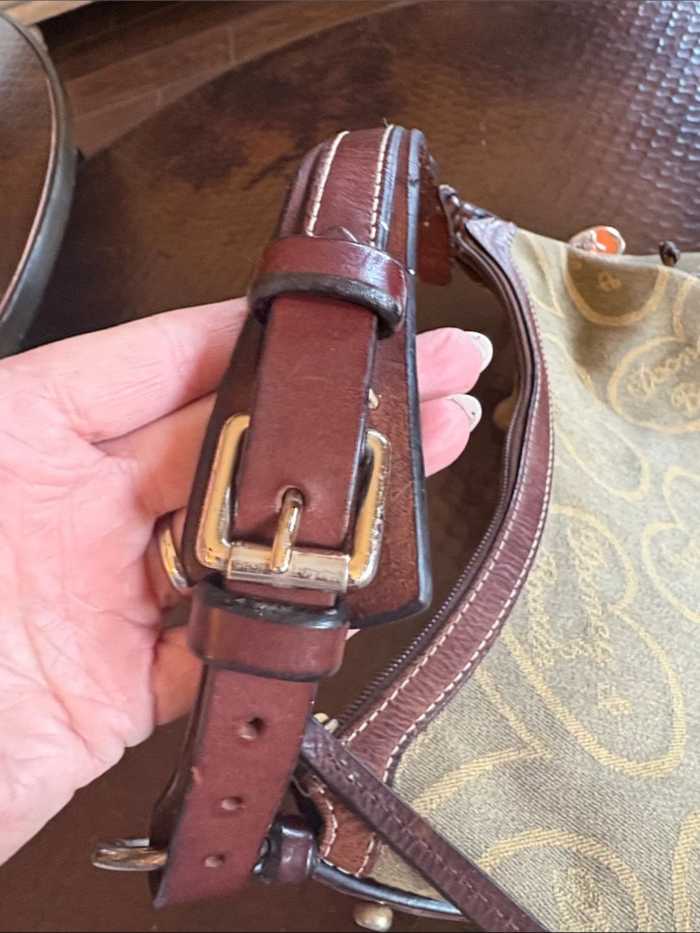 Vintage Dooney & Bourke Heart Monogram Leather Hobo Bag Beige Brown